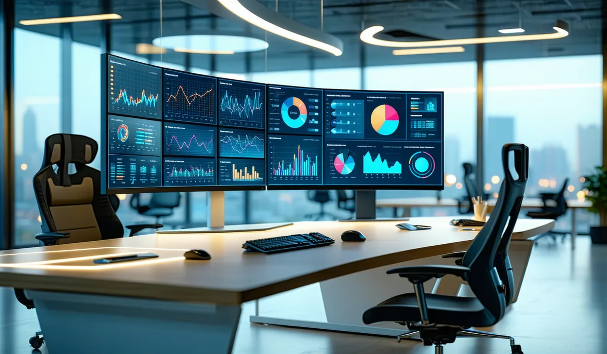 Modern open office environment with screens showing performance marketing dashboards